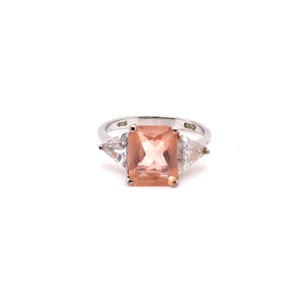 Sterling Silver Peach Emerald Cut Three Stone Ring Size 7